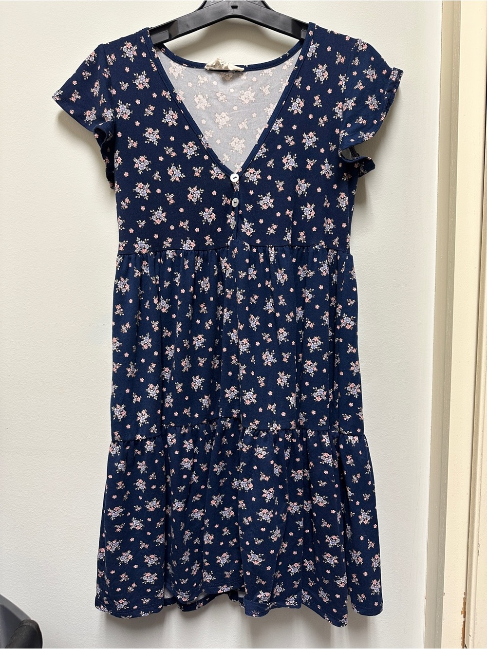 Jessica Simpson Navy Floral Button-Front Babydoll Dress